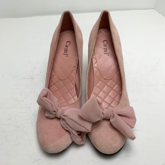 CAMI Genuine Suede Leather Pink Chunky High Heels Pumps Block Bow Round Toe sz 6 - Picture 5 of 16